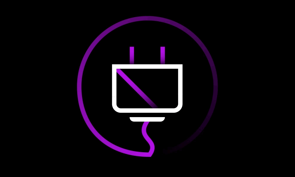 Animated electrical plug outlined in purple and white bouncing up and down